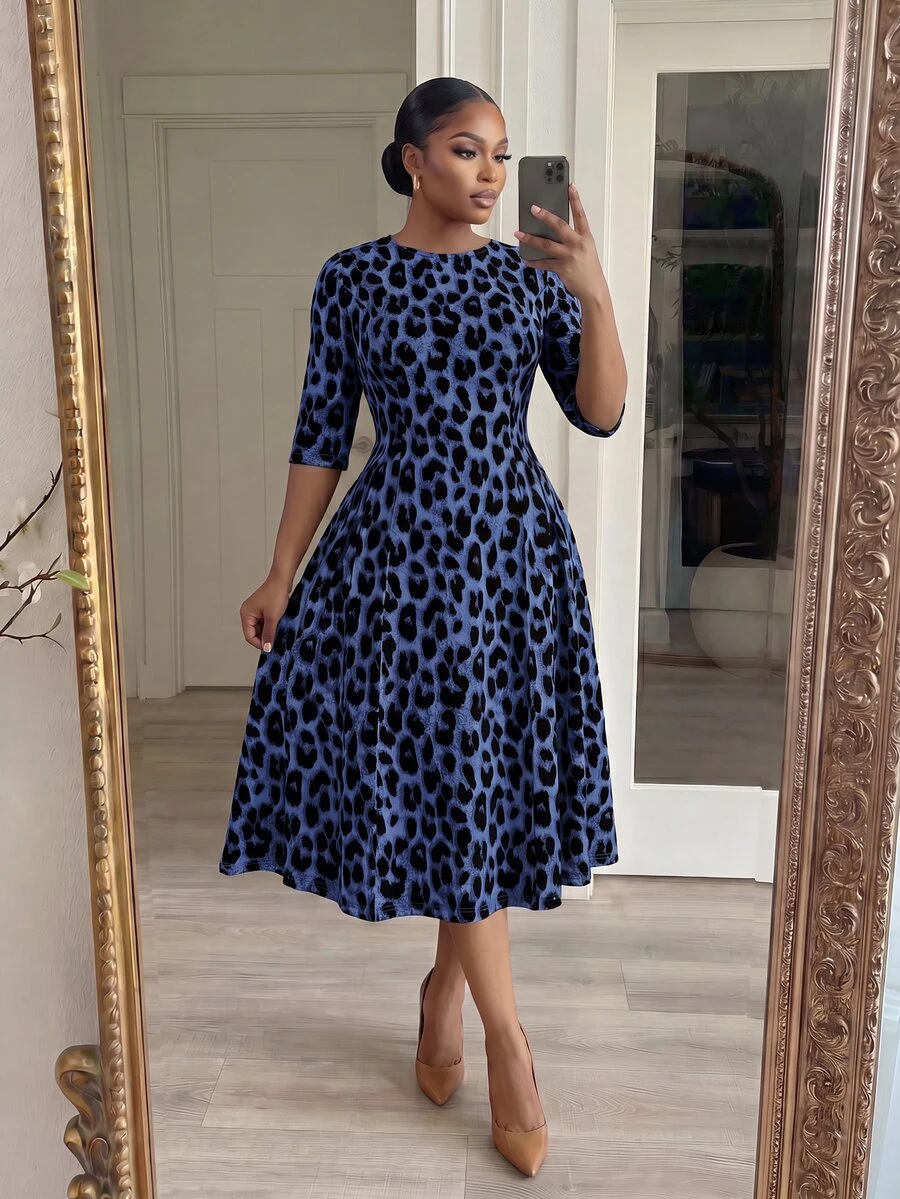 blue and black leopard print midi dress