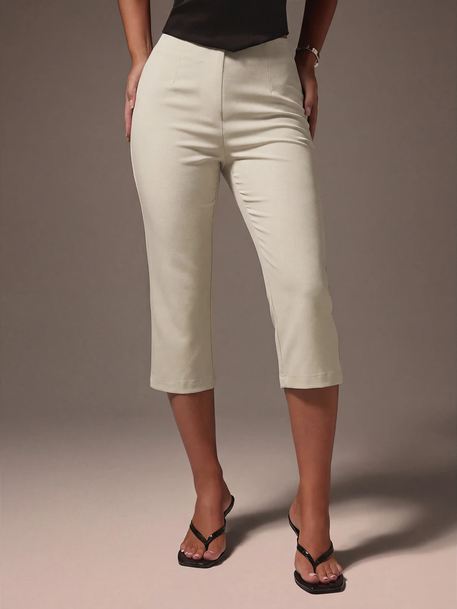 high waisted beige tailored capri trousers