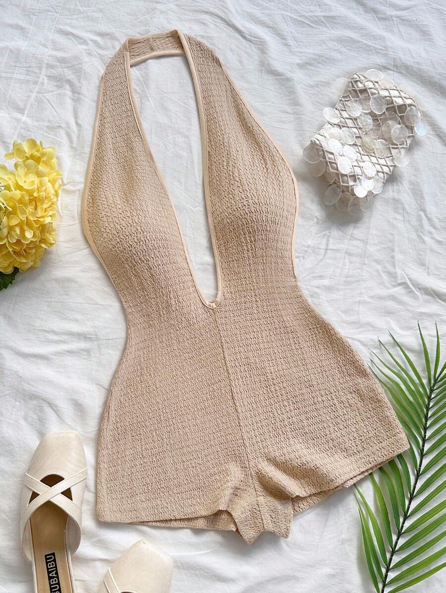 soleia women's knitted deep v-neck frontless one-piece swimming suit