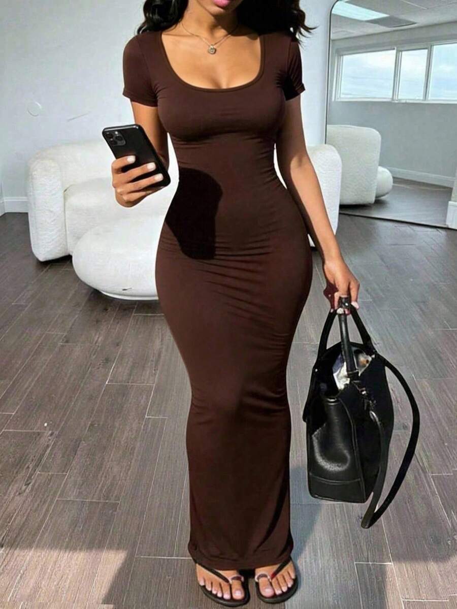 inawly solva brown short sleeve square neck bodycon dress