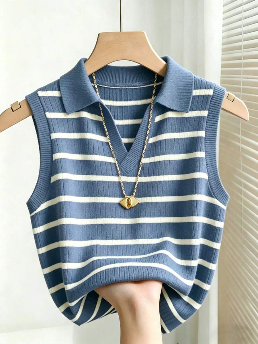 casual elegant blue and white striped knitted vest