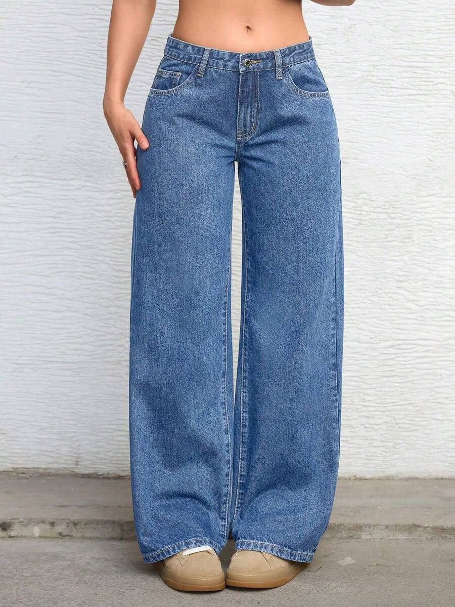 blue casual washed low-waist straight-leg jeans