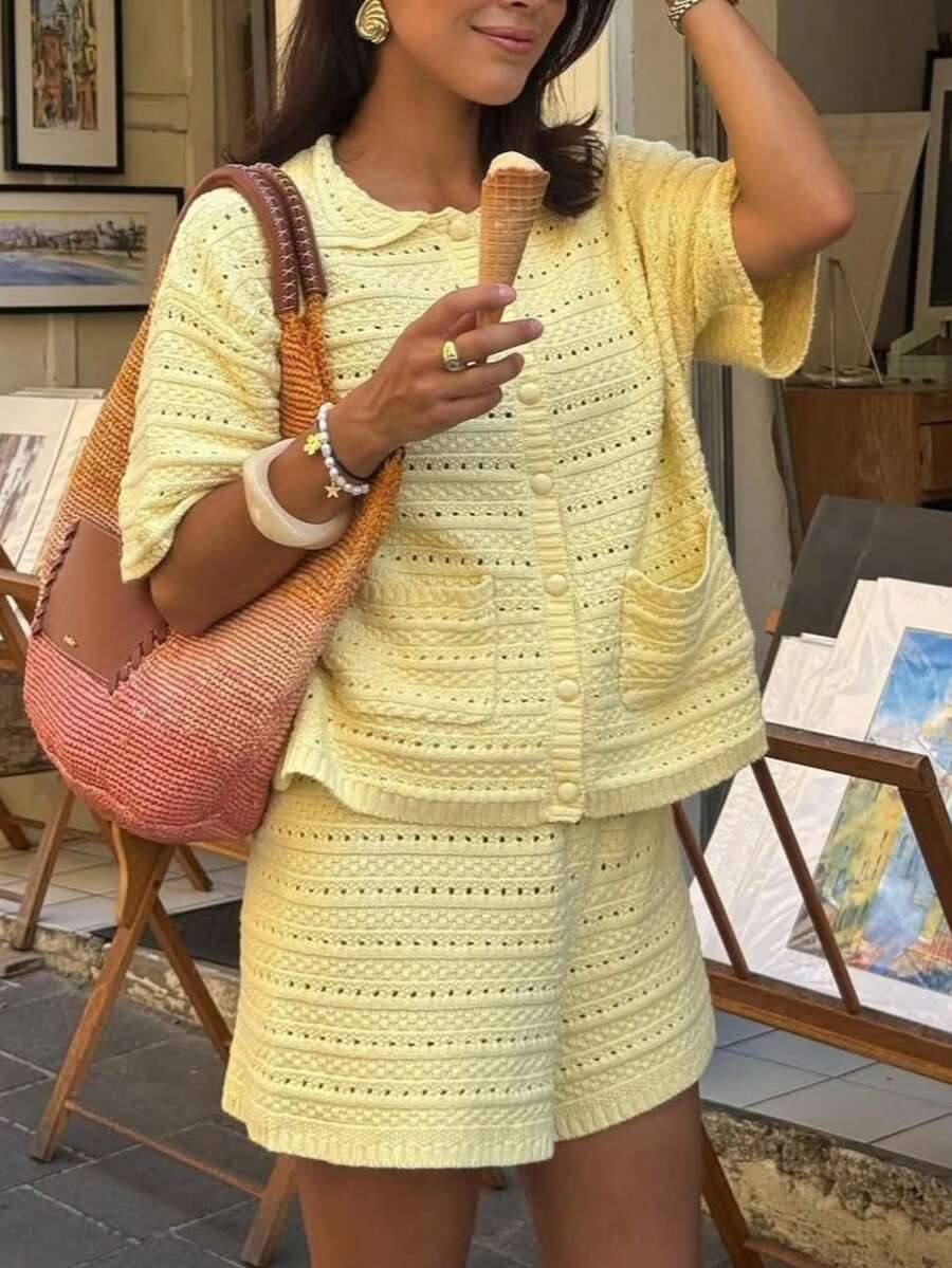yellow short sleeve buttoned knit cardigan