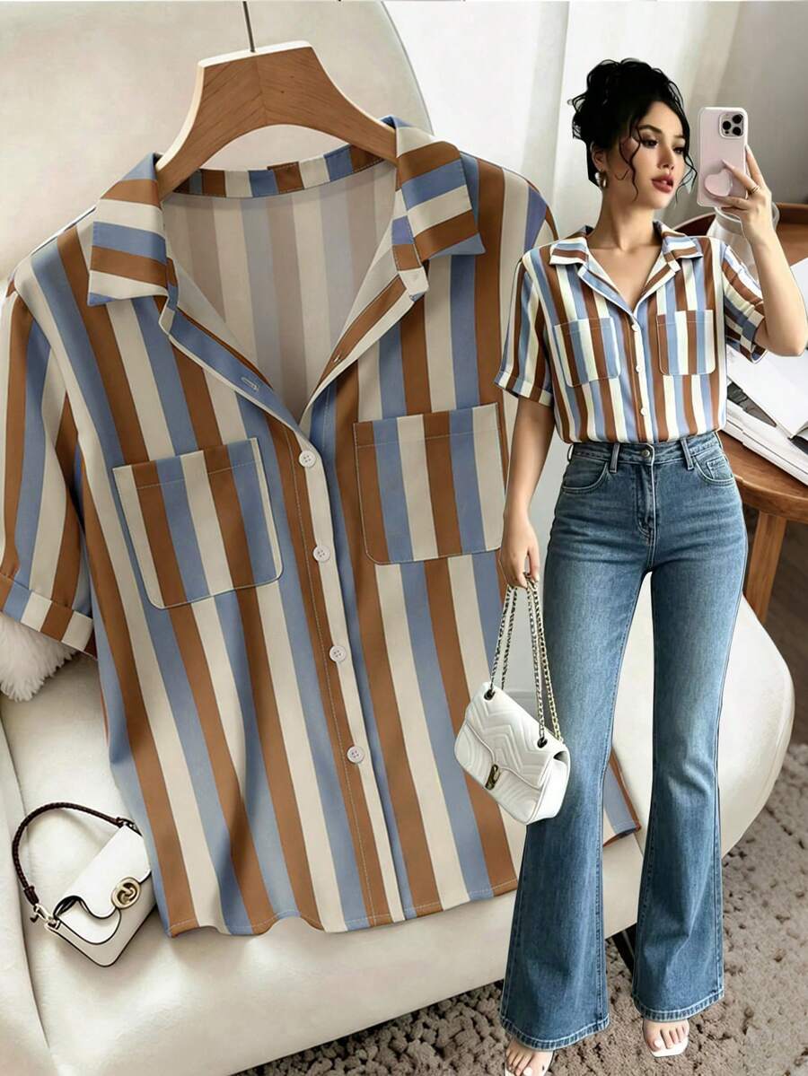 striped woven polo collar short sleeve shirt