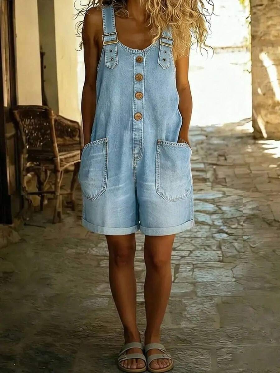 light wash denim overall shorts romper