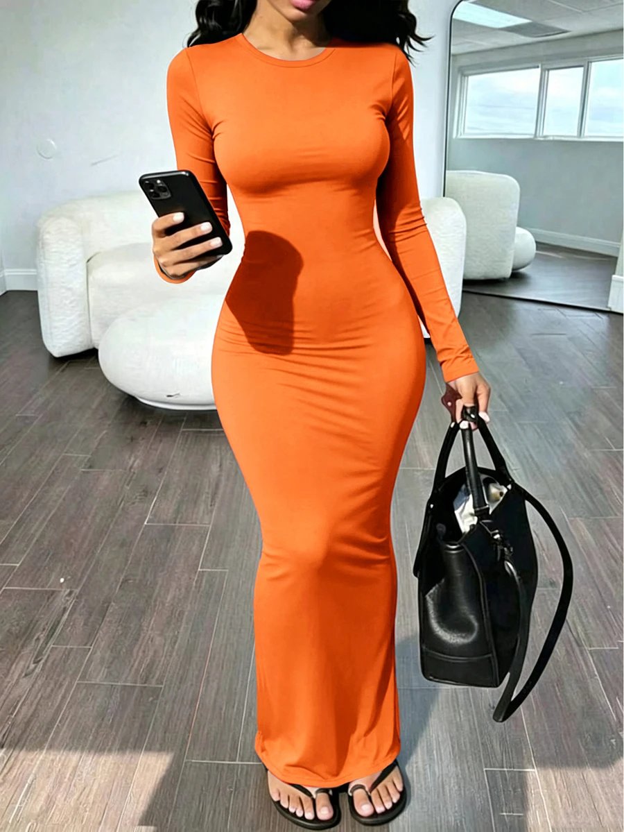 orange long sleeve fitted maxi dress