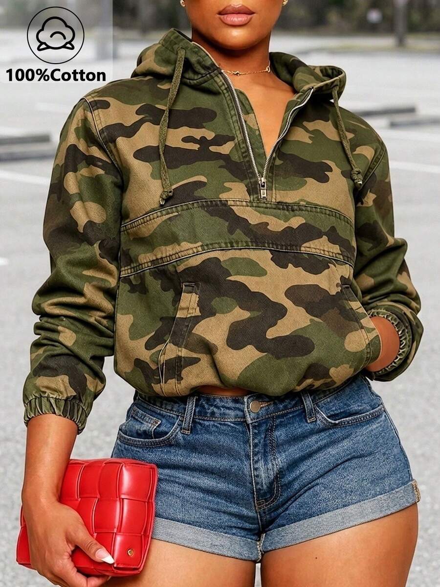 camo print cotton half zip cropped hoodie