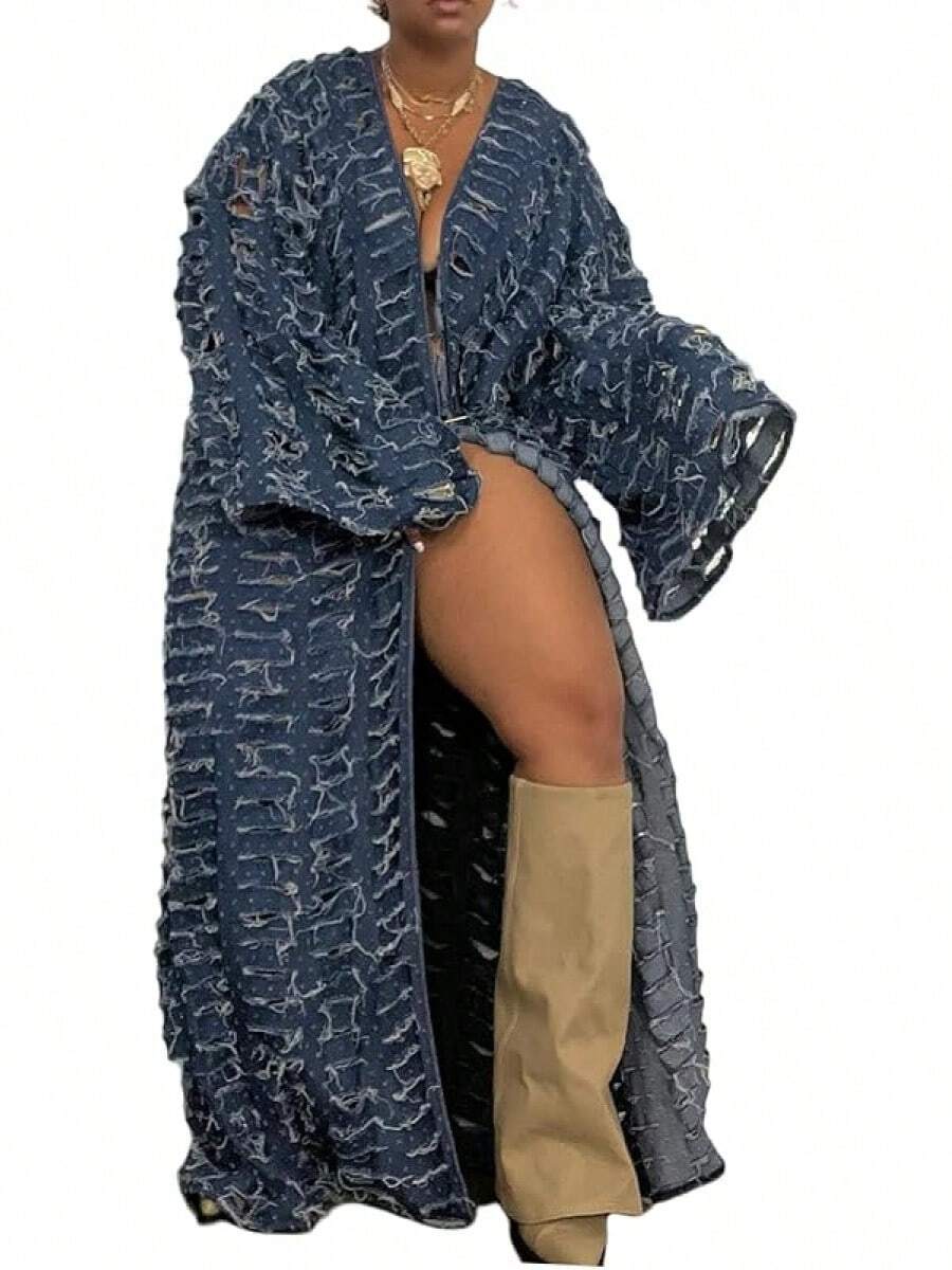 distressed denim long duster coat