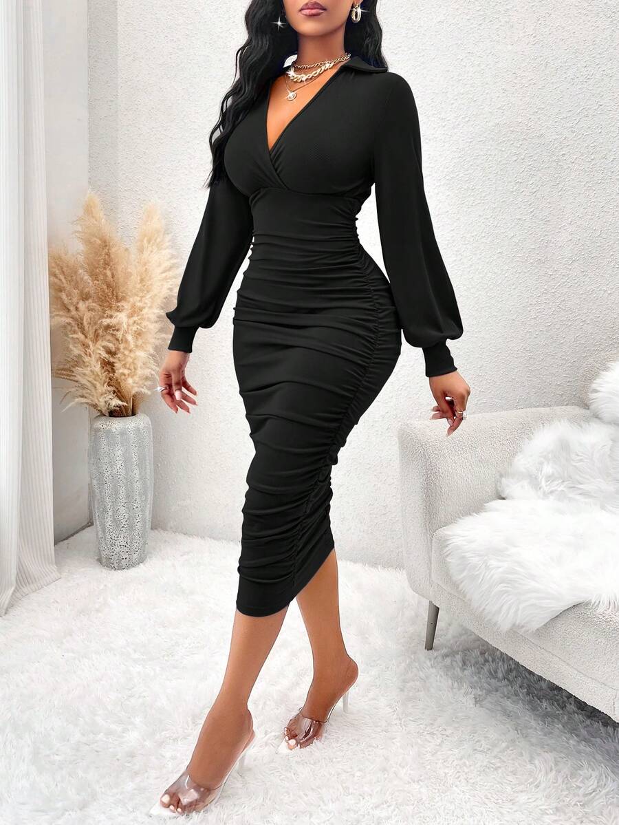 elegant long sleeve ruched bodycon midi dress