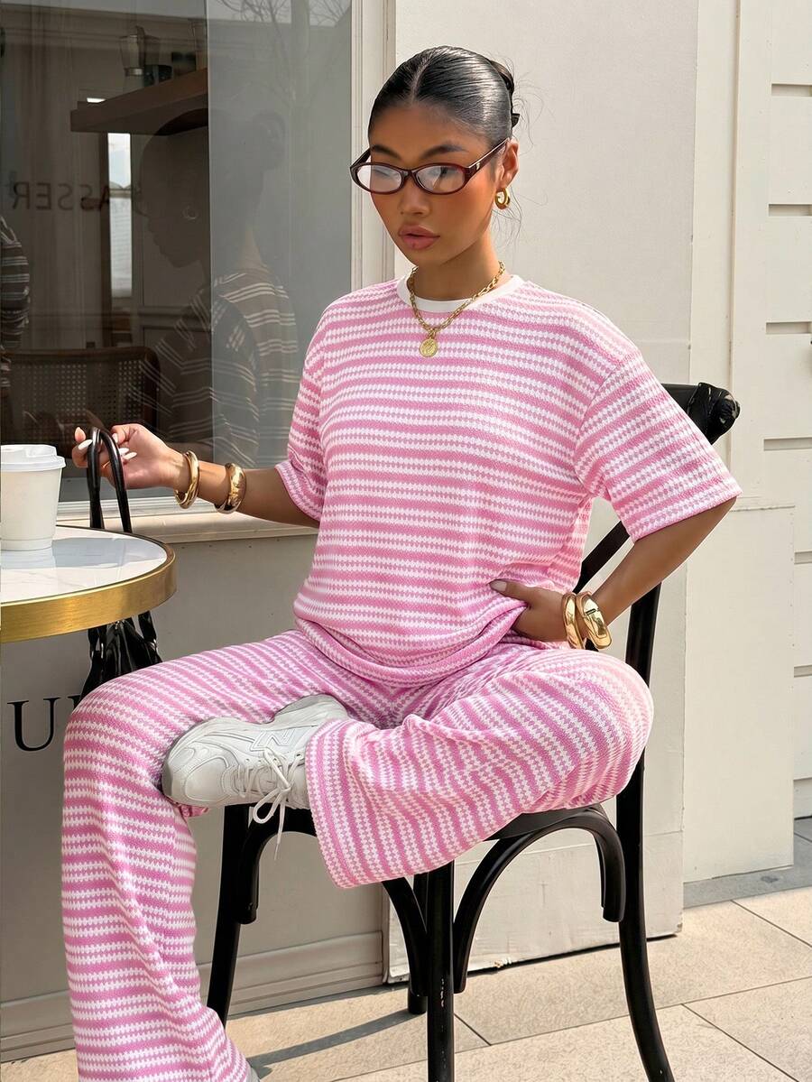 pink and white striped knit casual trousers