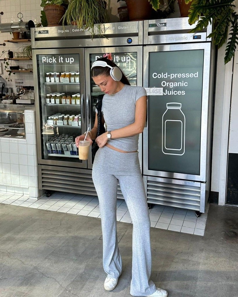 grey cotton jersey cap-sleeve top and matching flared trousers