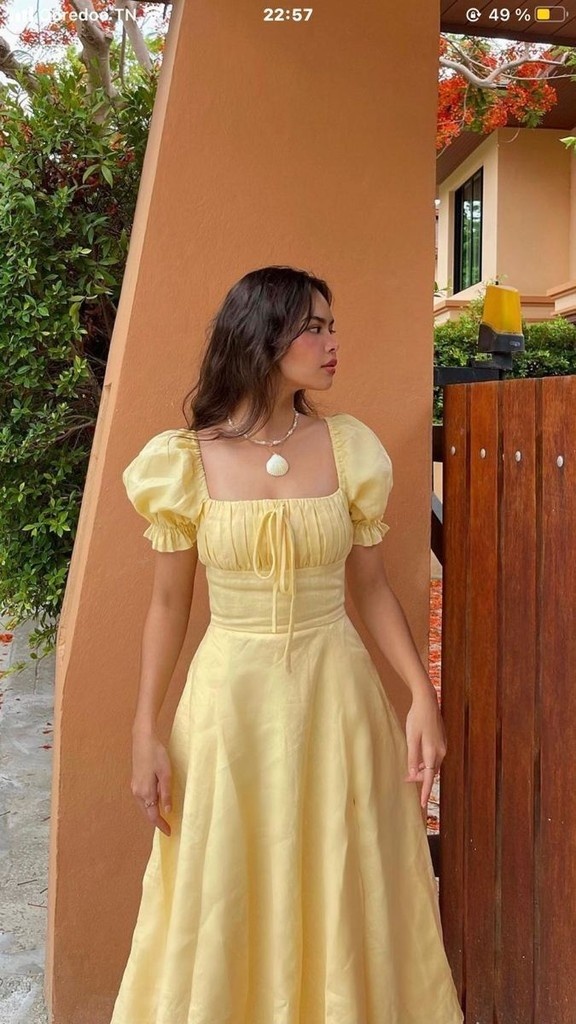 pale yellow puff sleeve linen midi dress