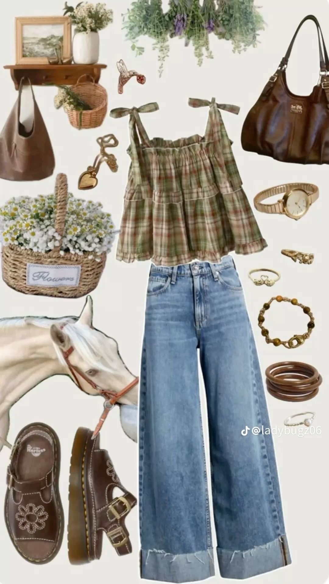 plaid tiered tie-strap top with wide-leg cuffed jeans