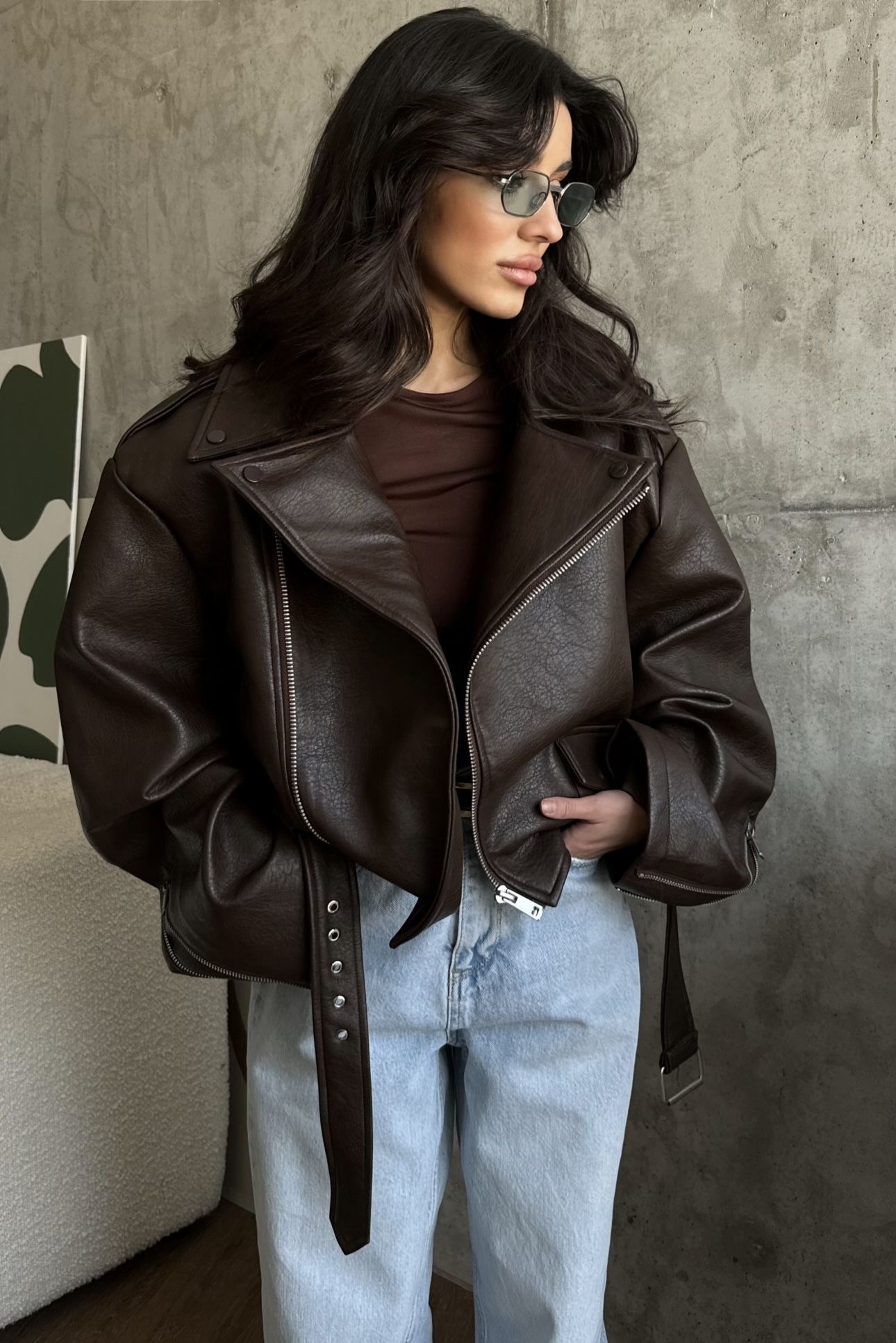 oversized dark brown faux leather biker jacket