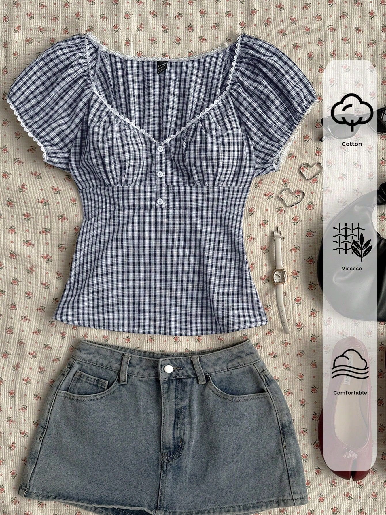 navy gingham puff sleeve top with light wash denim shorts