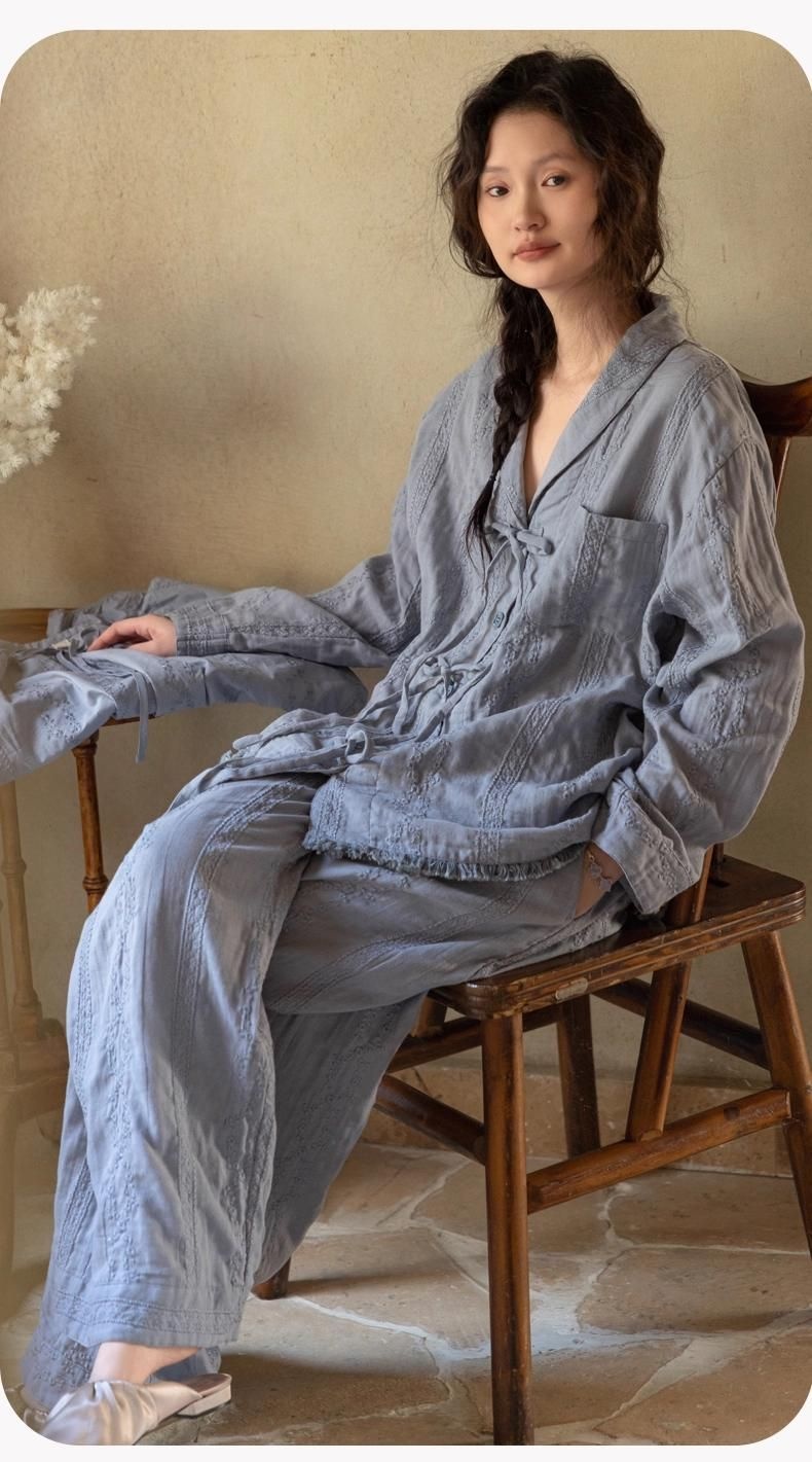 blue hand embroidered cotton linen blend lounge shirt
