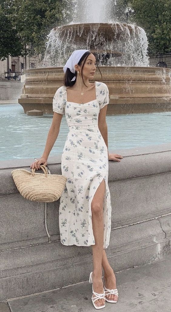 white floral print square neck midi dress with puff sleeves