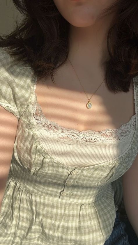 sage green gingham milkmaid blouse with lace trim