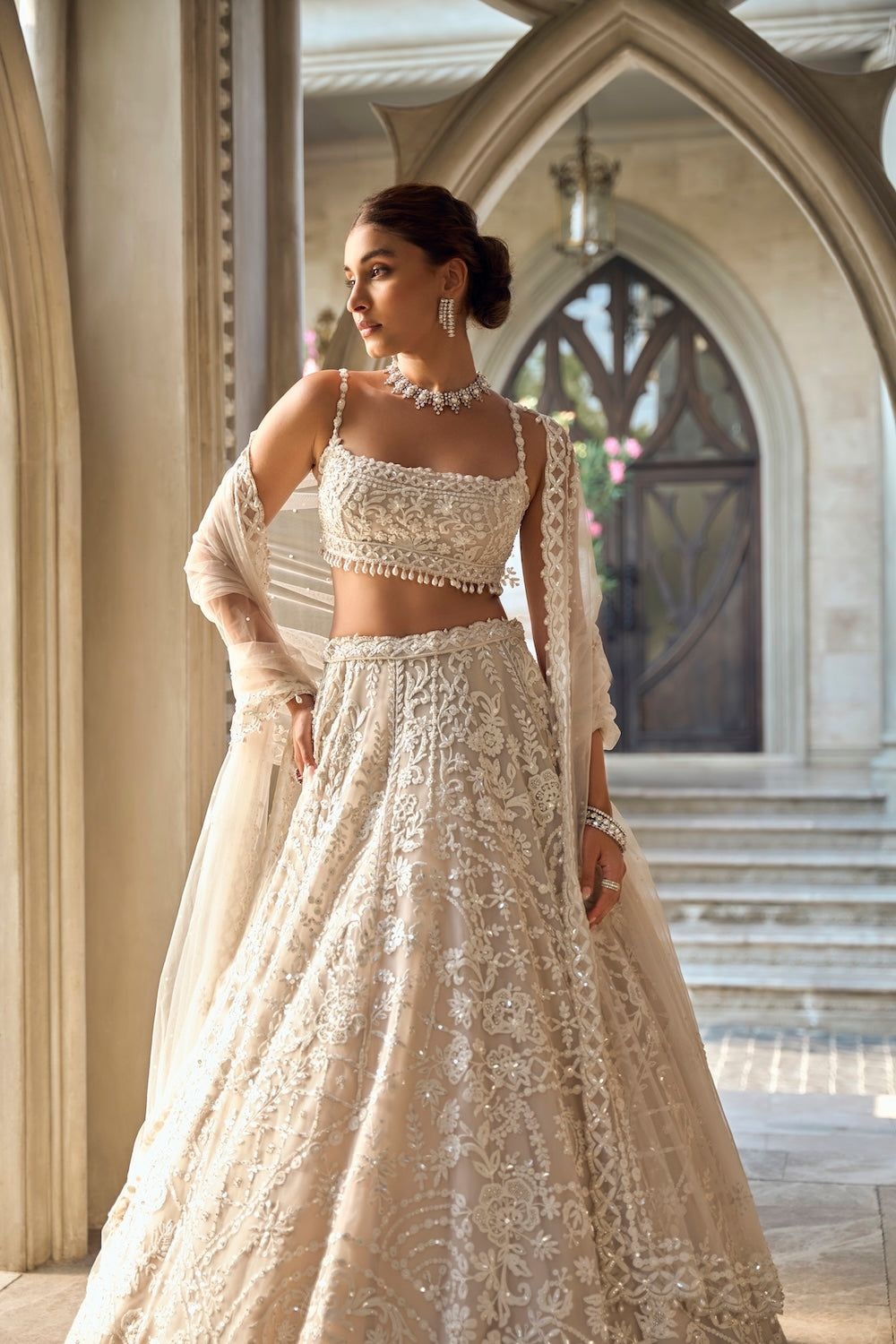 ivory embellished tulle dupatta and bridal lehenga