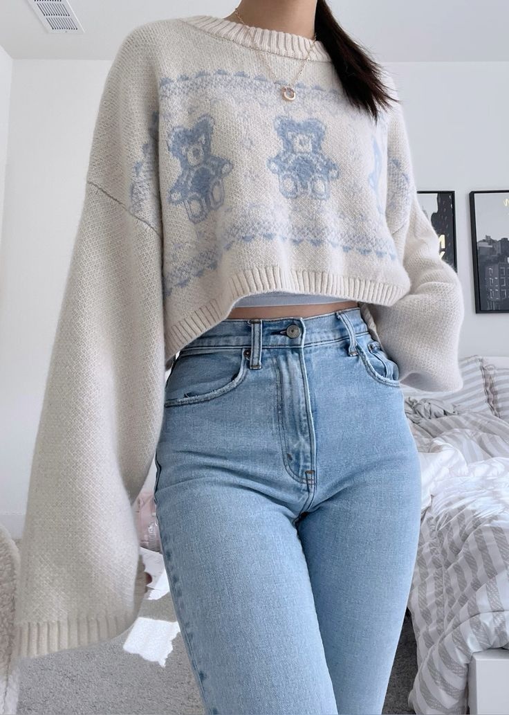 cream and blue bear pattern knit sweater