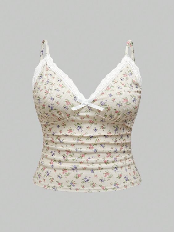 floral print ribbed camisole with lace trim