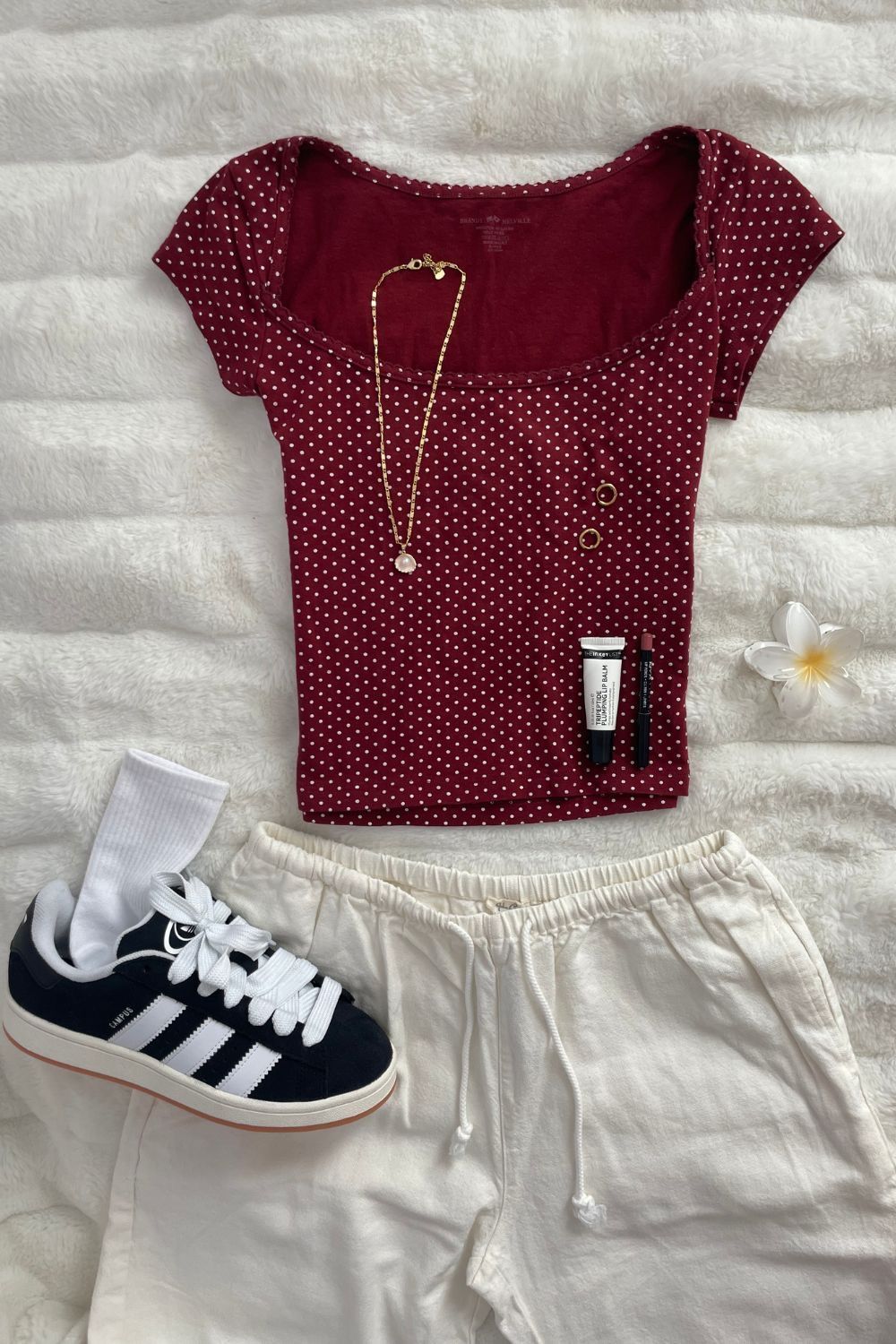 burgundy polka dot lettuce edge short sleeve top