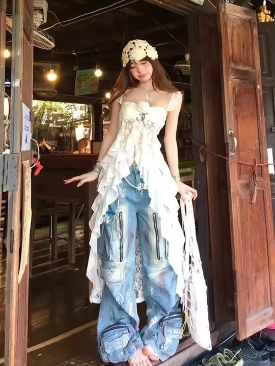 white lace ruffled corset top with distressed cargo jeans