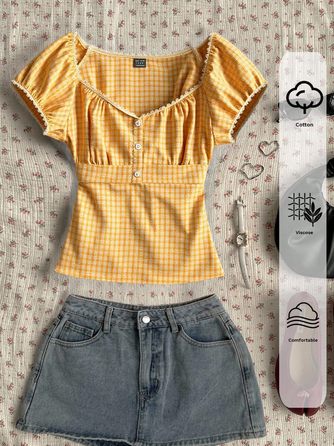 yellow gingham puff sleeve blouse with lace trim
