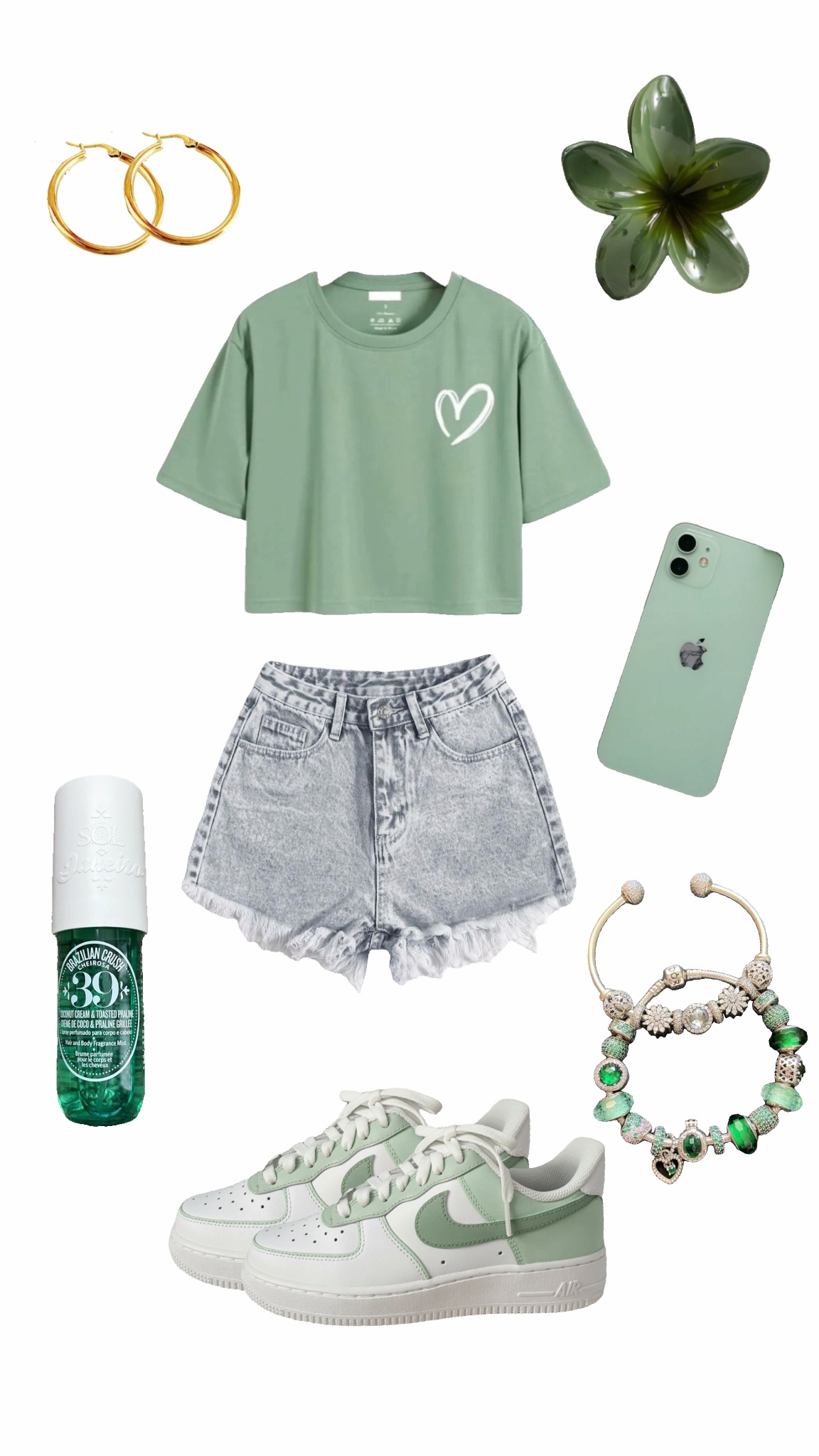 sage green cropped heart print t-shirt with light wash denim shorts